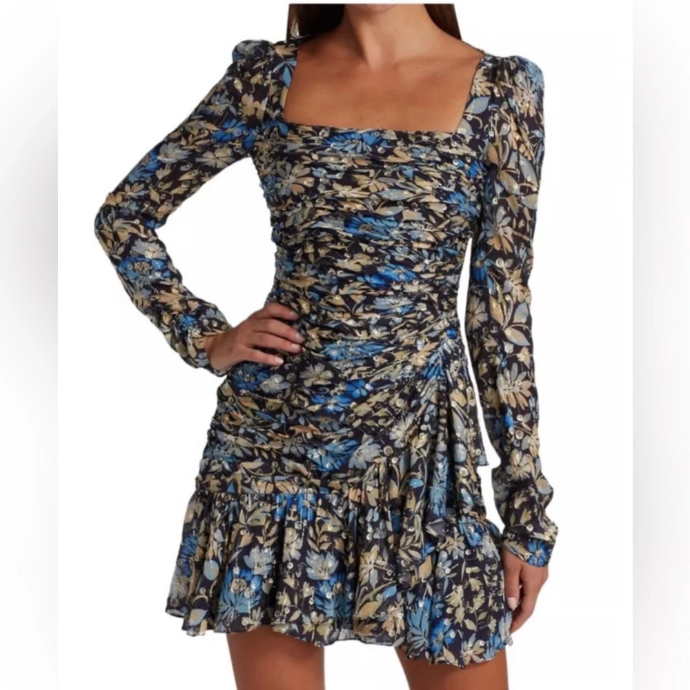 Monique Lhuillier Blue and Beige Metallic Floral Ruched Long-Sleeve Dress - Picture 4 of 8